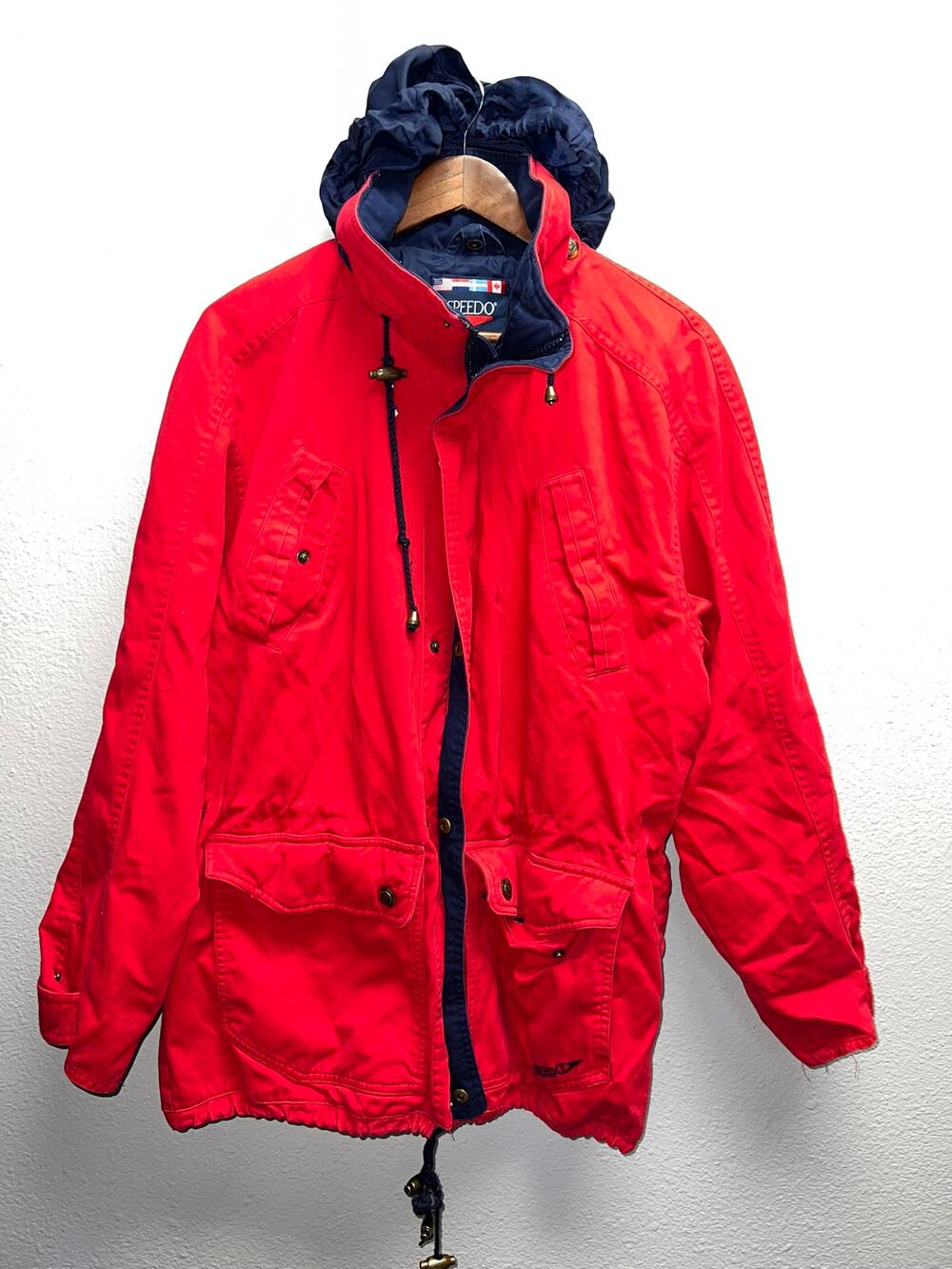 Vintage Speedo Red Jacket Hooded Parka Drawstring Toggles Full Zip 90s VTG Small